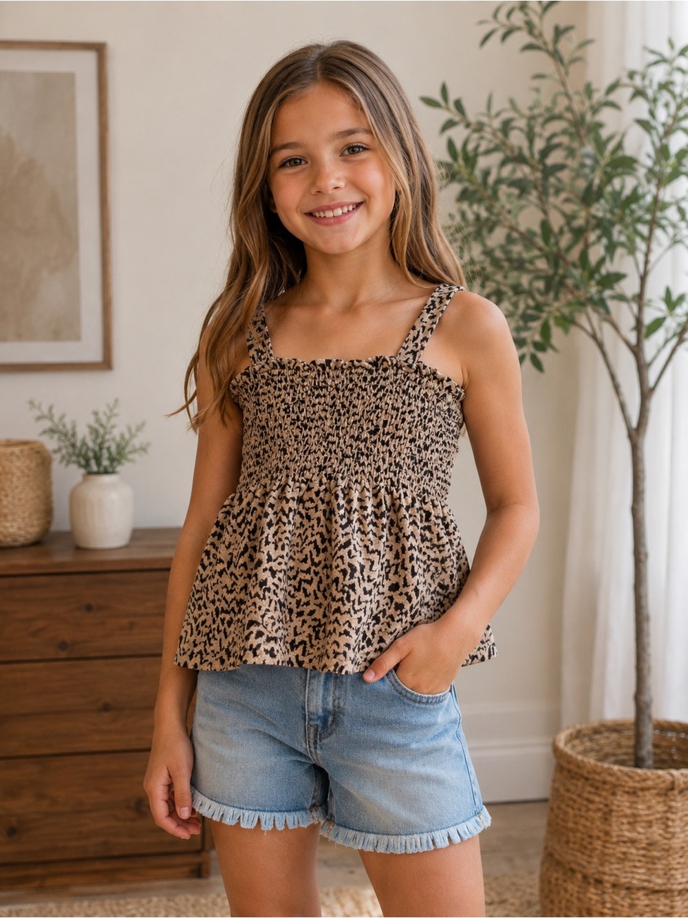 GAP Kids Animal Print Smocked Babydoll Cami Top Size 8 Medium